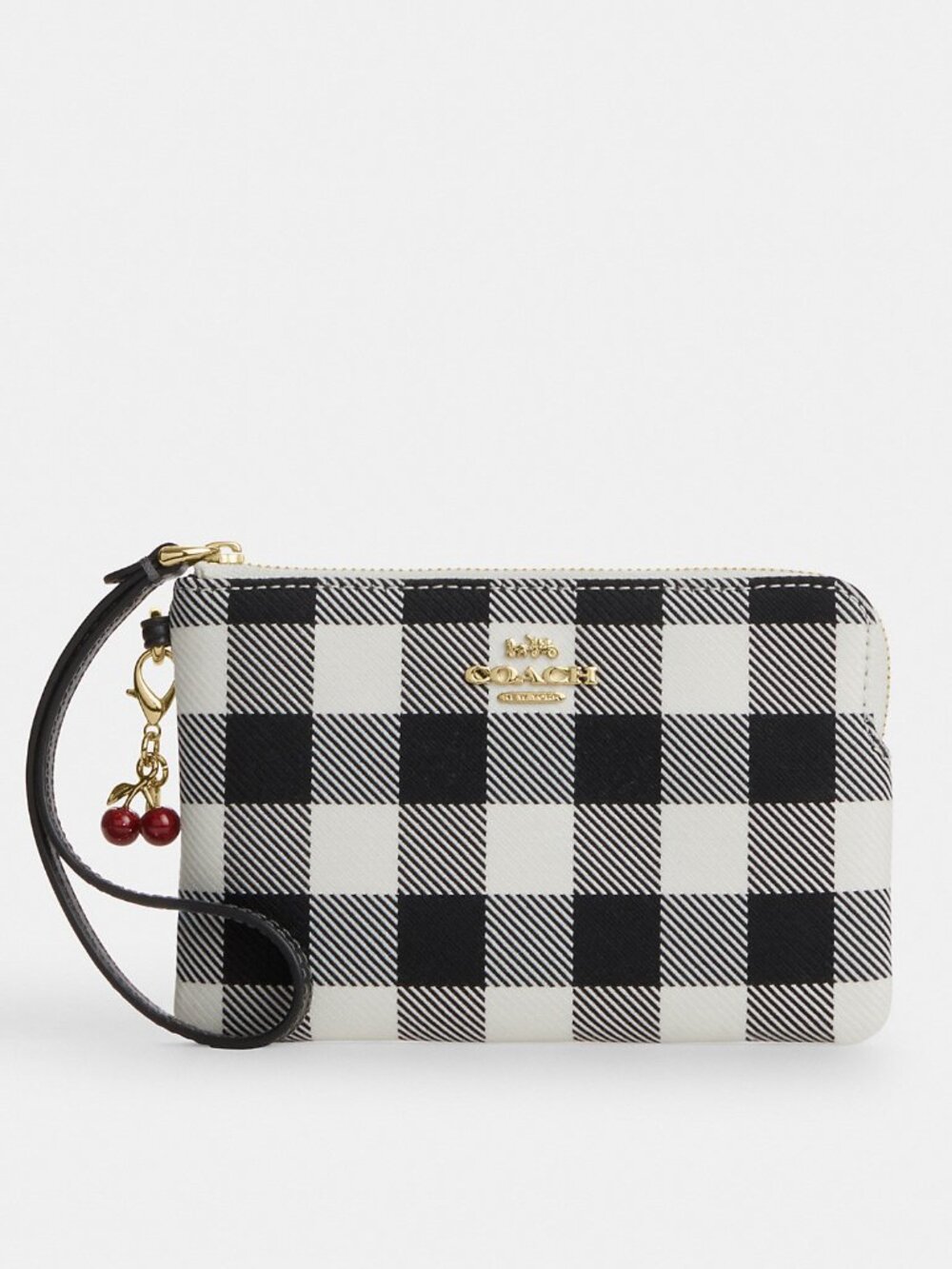 Coach Corner Zip Wristlet With Gingham Print And Charm
